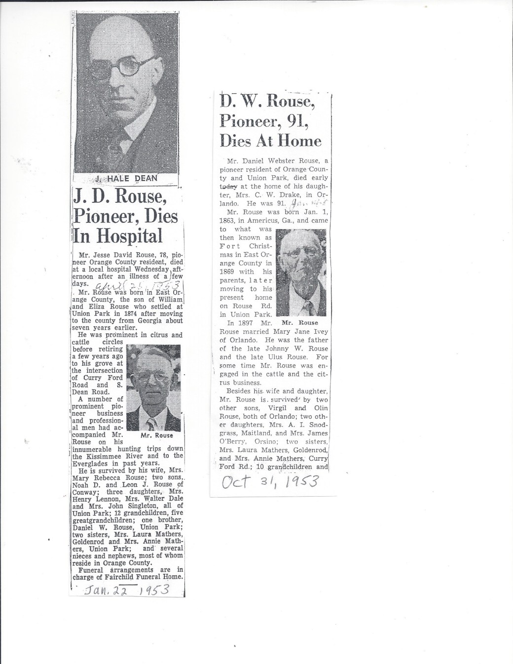 obit Jesse David Rouse and Daniel Webster Rouse